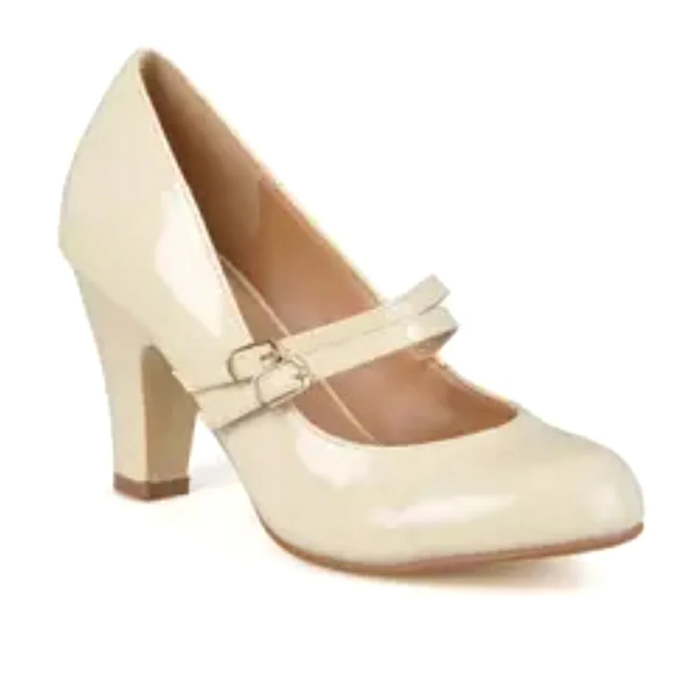 Bridesmaid Faux Patent Double Strap Mary Jane Heels Neutral Office Brinley 7.5 ♡